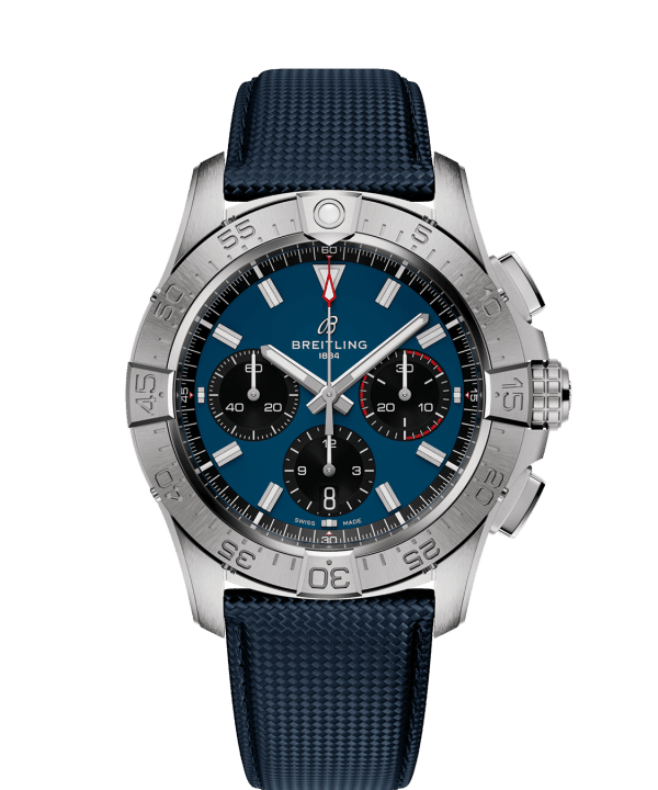 Produktbilde av Breitling Avenger B01 Chronograph 42 med blå urskive på blå skinnrem. Ref. AB0146101C1X1.