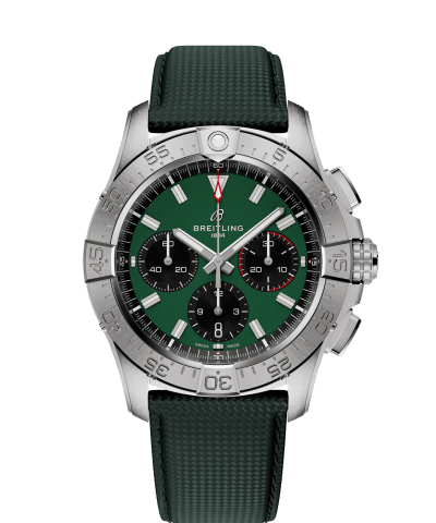 Produktbilde av Breitling Avenger B01 Chronograph 42 med grønn urskive på grønn skinnrem. Ref. AB0146101L1X1.