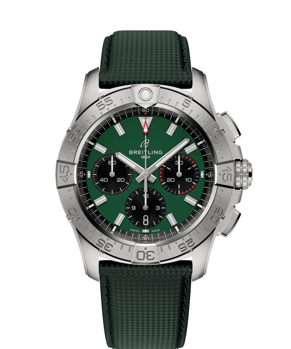Produktbilde av Breitling Avenger B01 Chronograph 42 med grønn urskive på grønn skinnrem. Ref. AB0146101L1X1.