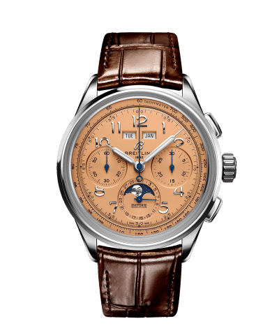 Produktbilde av Breitling Premier B25 Datora 42 med kobber urskive på brun skinnrem. Ref. AB2510201K1P1.