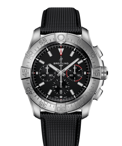 Produktbilde av Breitling Super Avenger B01 Chronograph 46 med sort urskive på sort skinnrem. Ref. EB0148101B1X1.