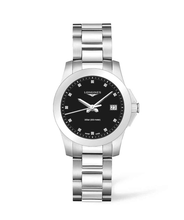 Produktbilde av Longines Conquest Lady 34mm med sort urskive og lenke. Referabse. L3.377.4.57.6.