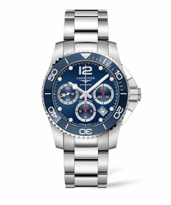 Produktbilde av Longines HydroConquest Ceramic Chronograph 41mm med blå urskive på stållenke. Ref. L3.783.4.96.6.