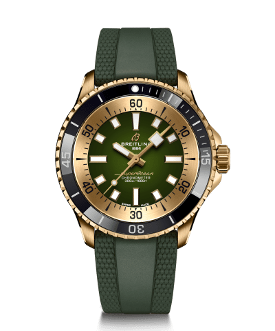Produktbilde av Breitling Superocean Automatic 42 Bronze med grønn urskive og grønn gummirem. Referanse. N17375201L1S1.