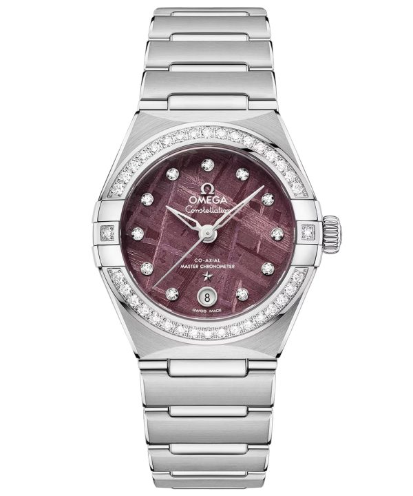 Produktbilde av Omega Constellation 29mm med lilla urskive på stållenke. Ref. O13115292099001.