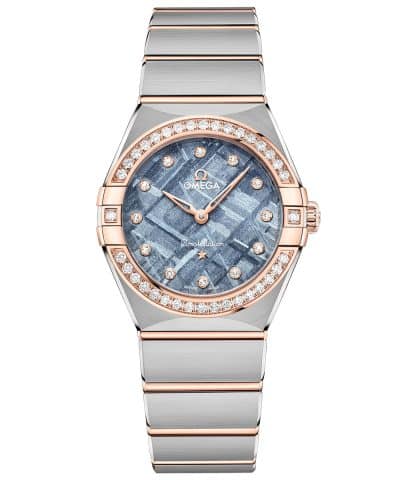 Produktbilde av Omega Constellation 28mm med blå urskive på stållenke. Ref. O13125286099001.