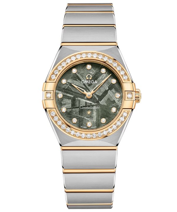 Produktbilde av Omega Constellation 28mm med grønn urskive på stållenke. Ref. O13125286099002.