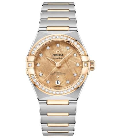 Produktbilde av Omega Constellation 29mm med gullfarget urskive på stållenke. Ref. O13125292099002.