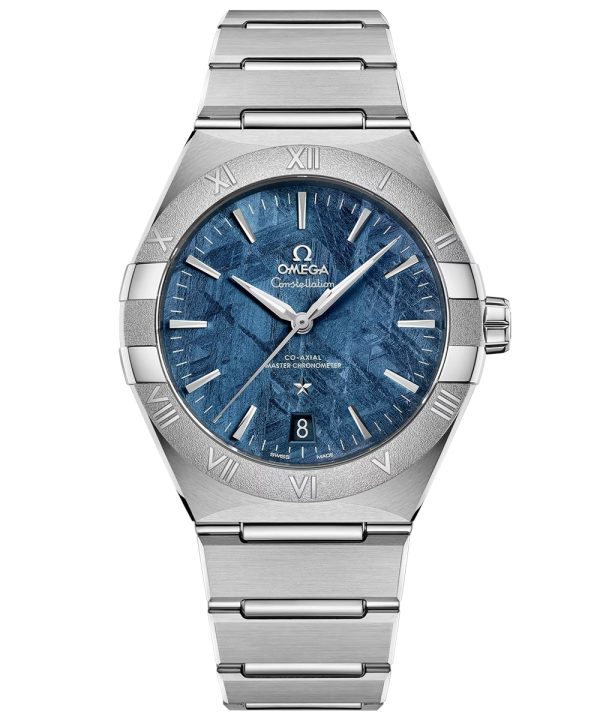 Produktbilde av Omega Constellation 41mm med blå urskive på stållenke. Ref. O13130412199003.