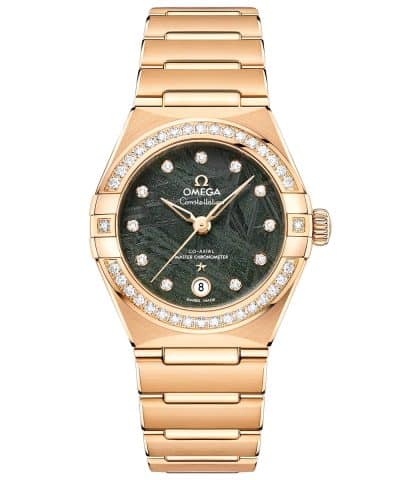 Produktbilde av Omega Constellation Yellow Gold 29mm med grønn urskive på gullenke. Ref. O13155292099005.