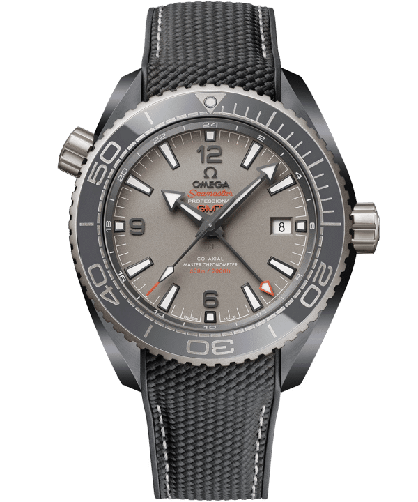 Produktbilde av Omega Seamaster Planet Ocean 600M Dark Grey med grå urskive på grå gummi og tekstilrem. Ref. O21592462299002.