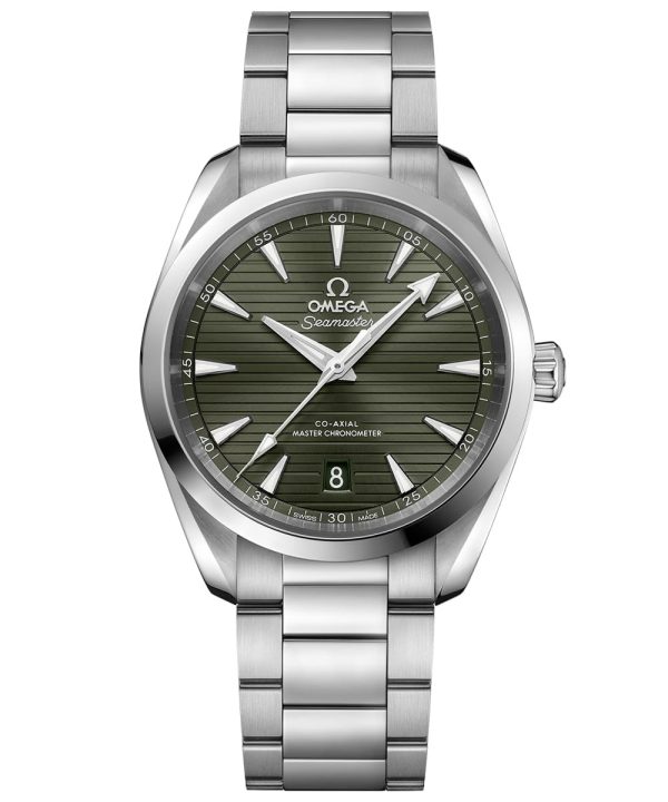 Produktbilde av Omega Seamaster Aqua Terra 150M med grønn urskive på stållenke. Ref. O22010382010003.