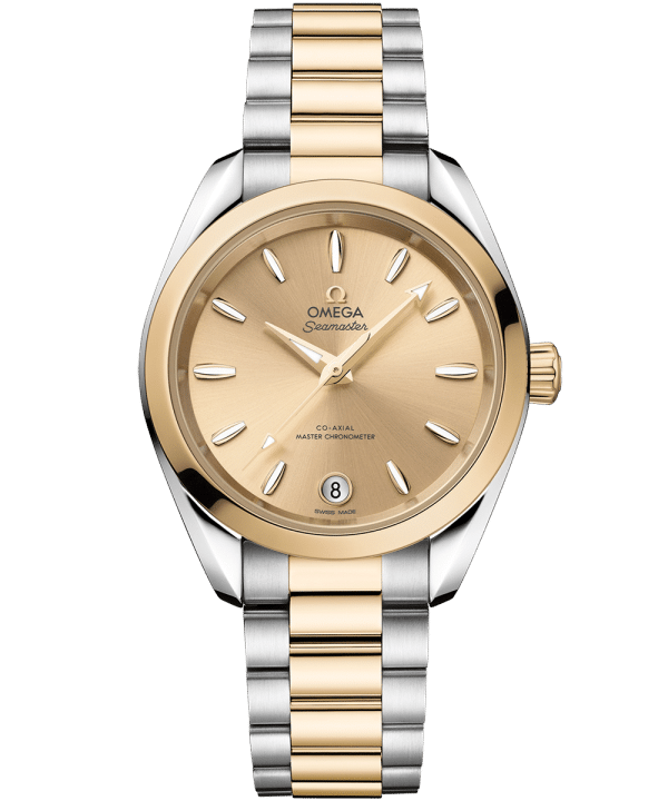 Produktbilde av Omega Seamaster Aqua Terra Shades 34MM med gull urskive på stållenke. Ref. O22020342008001.