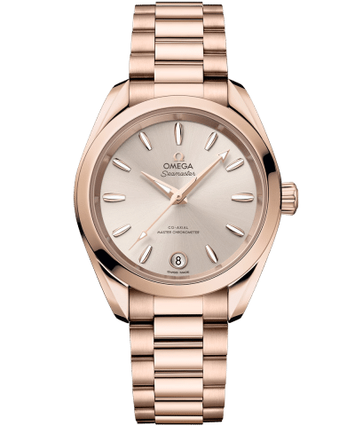 Produktbilde av Omega Seamaster Aqua Terra Shades 34MM med beige urskive på roségullenke. Ref. O22050342009001.