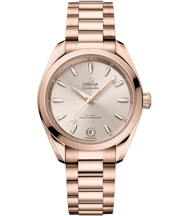 Produktbilde av Omega Seamaster Aqua Terra Shades 34MM med beige urskive på roségullenke. Ref. O22050342009001.