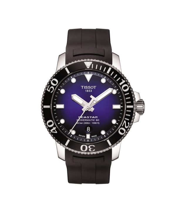 Produktbilde av Tissot Seastar 1000 Powermatic 80 med lilla urskive og lilla gummirem. Referanse. T120.407.17.041.00