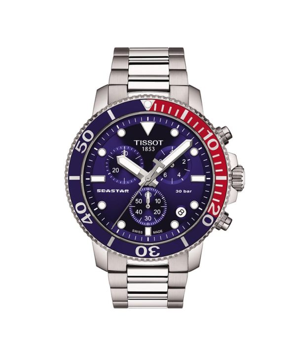 Produktbilde av Tissot Seastar 1000 Quartz Chronograph med blå urskive og stållenke. Referanse. T120.417.11.041.03