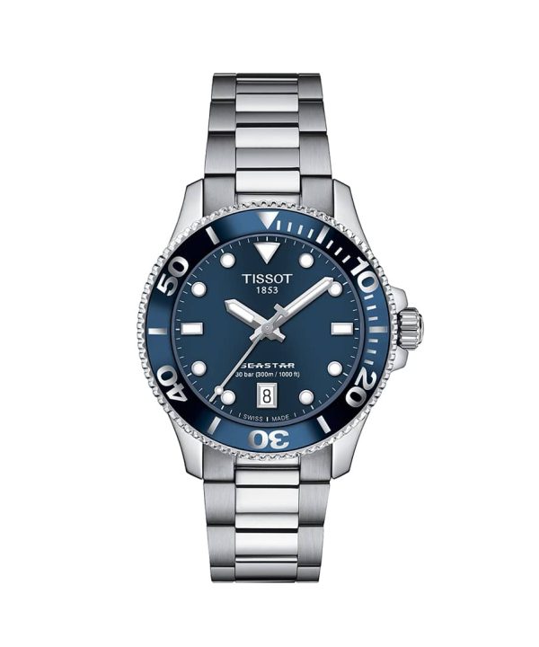 Produktbilde av Tissot Seastar 1000 36mm med blå urskive og stållenke. Referanse. T120.210.11.041.00.