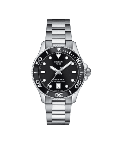 Produktbilde av Tissot Seastar 1000 36mm med sort urskive og stållenke. Referanse. T120.210.11.051.00.