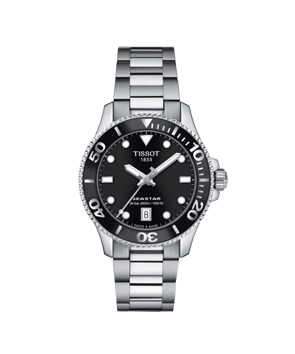 Produktbilde av Tissot Seastar 1000 36mm med sort urskive og stållenke. Referanse. T120.210.11.051.00.