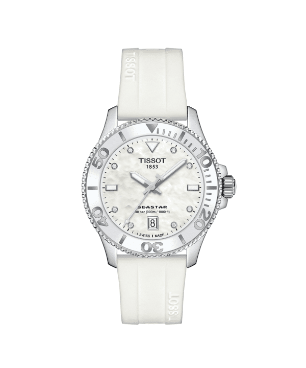 Produktbilde av Tissot Seastar 1000 36mm med perlemor og hvit gummirem. Referanse. T120.210.17.116.00.