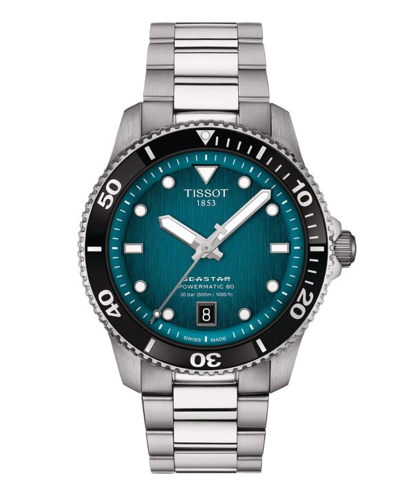 Produktbilde av Tissot Seastar 1000 Powermatic 80 40mm med blå urskive på stållenke. Ref. T120.807.11.091.00.