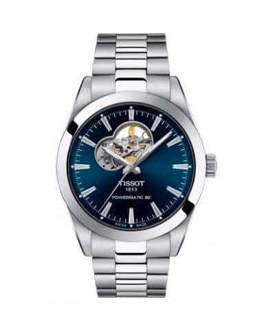 Produktbilde av Tissot Gentleman Powermatic Open Heart med blå urskive og stållenke. Referanse. T127.407.11.041.01