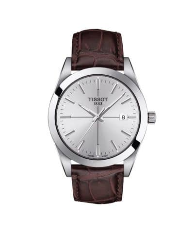 Produktbilde av Tissot Gentleman med sølv urskive og brun skinnrem. Referanse. T127.410.16.031.01.