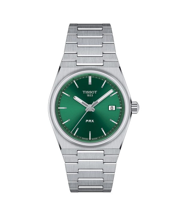 Produktbilde av Tissot PRX 35mm med grønn urskive og stållenke. Referanse. T137.210.11.081.00.