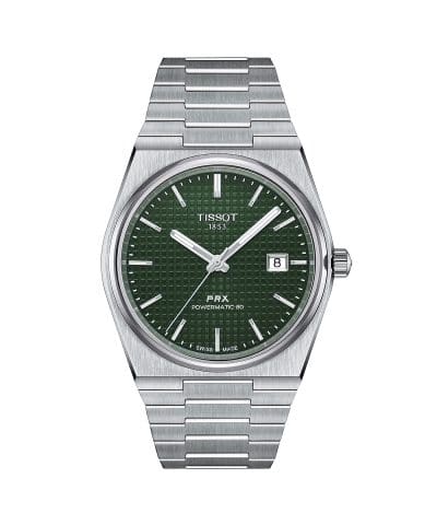 Produktbilde av Tissot PRX 40mm Powermatic 80 med grønn urskive og stållenke. Referanse. T137.407.11.091.00