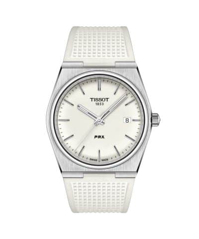 Produktbilde av Tissot PRX 40mm med hvit urskive og hvit gummirem. Referanse. T137.410.17.011.00