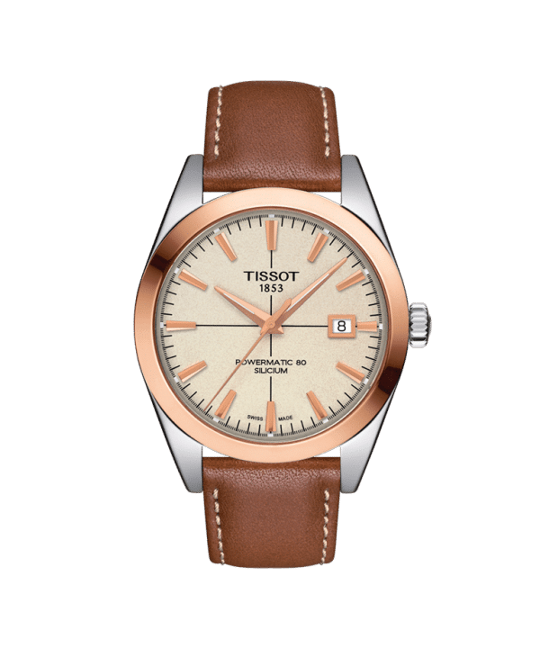 Produktbilde av Tissot Gentleman Powermatic 80 Silicium 18K Gold med hvit urskive og skinnrem. Referanse. T927.407.46.261.00