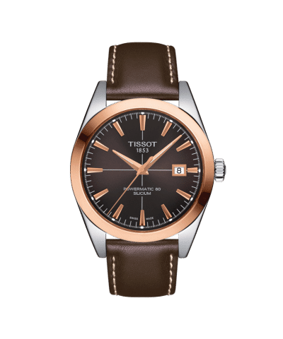 Produktbilde av Tissot Gentleman Powermatic 80 Silicium 18K Gold med brun urskive og skinnrem. Referanse. T927.407.46.291.00