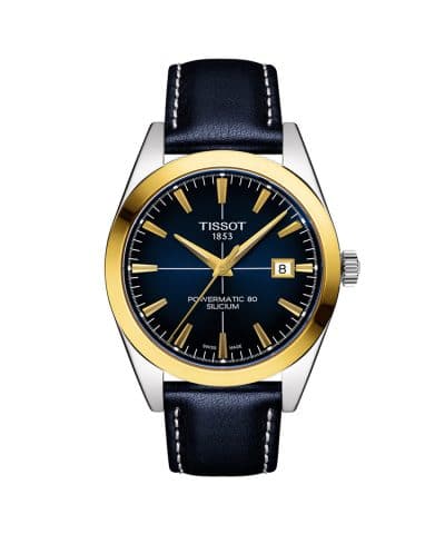 Produktbilde av Tissot Gentleman Powermatic 80 Silicium 18K Gold Bezel med blå urskive og skinnrem. Referanse. T927.407.46.041.01