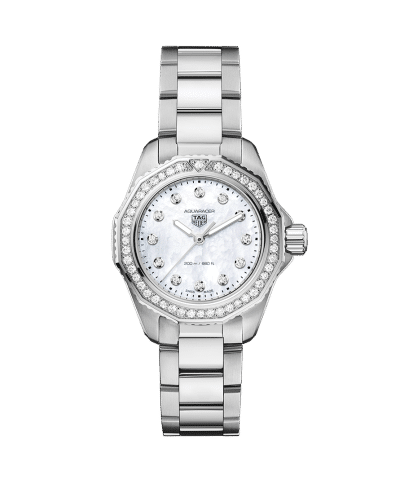 Produktbilde av TAG Heuer Aquaracer Professional 200 med perlemor urskive og stållenke. Referanse WBP1417.BA0622
