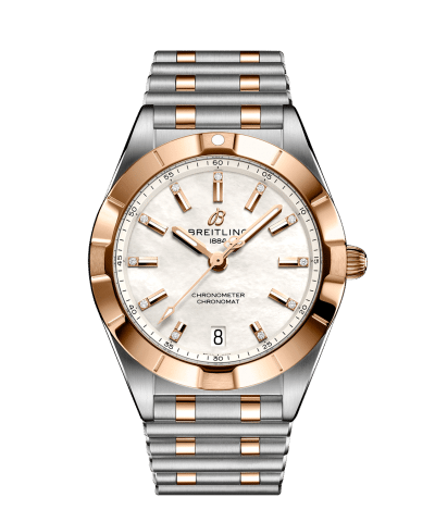 Produktbilde av Breitling Chronomat 32 med hvit urskive på stållenke. Ref. U77310101A2U1.