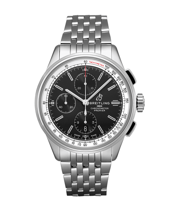 Produktbilde av Breitling Premier Chronograph 42 med sort urskive på stållenke. Ref. A13315351B1A1.