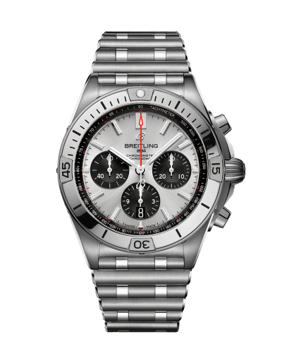 Breitling Chronomat B01 42 med sølv urskive og stållenke. Ref. AB0134101G1A1
