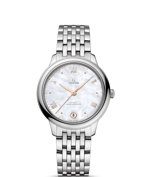 Produktbilde av Omega De Ville Prestige Co-Axial Master Chronometer 34MM med hvit urskive på stållenke. Ref. O43410342005001.