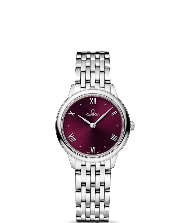 Produktbilde av Omega De Ville Prestige Quartz 27.5MM med rød urskive på stållenke. Ref. O43410286011001.