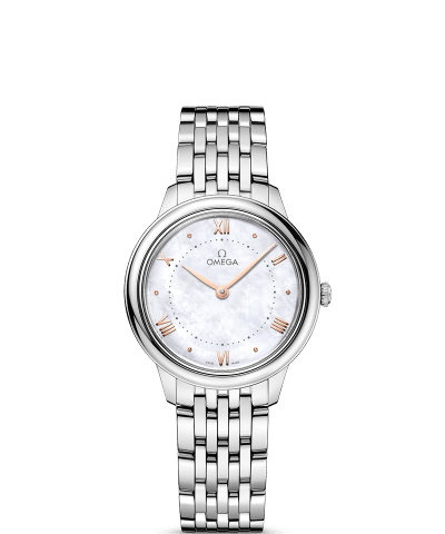 Produktbilde av Omega De Ville Prestige Quartz 30MM med hvit urskive på stållenke. Ref. O43410306005001.