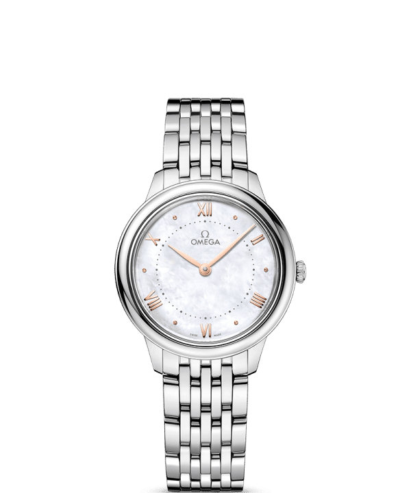Produktbilde av Omega De Ville Prestige Quartz 30MM med hvit urskive på stållenke. Ref. O43410306005001.