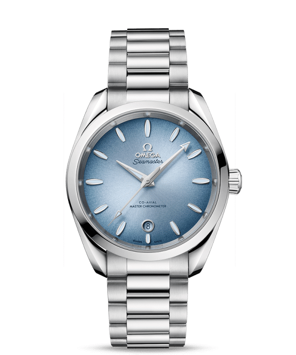 Produktbilde av Omega Seamaster Aqua Terra 150M «Summer Blue» Co-Axial Master Chronometer 38MM med blå urskive og stållenke. Ref. O22010382003004.