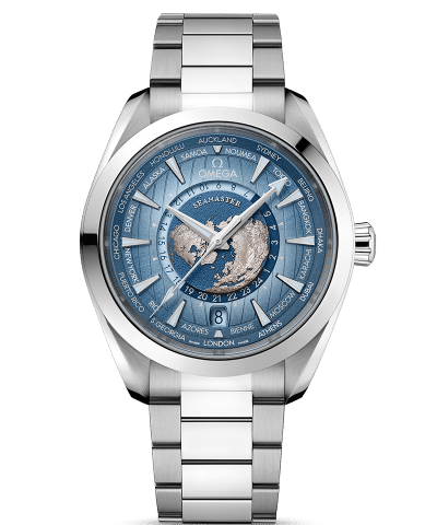 Produktbilde av Omega Seamaster Aqua Terra 150M «Summer Blue» Co-Axial Master Chronometer GMT Worldtimer 43MM med blå urskive på stållenke. Ref. O22010432203002.