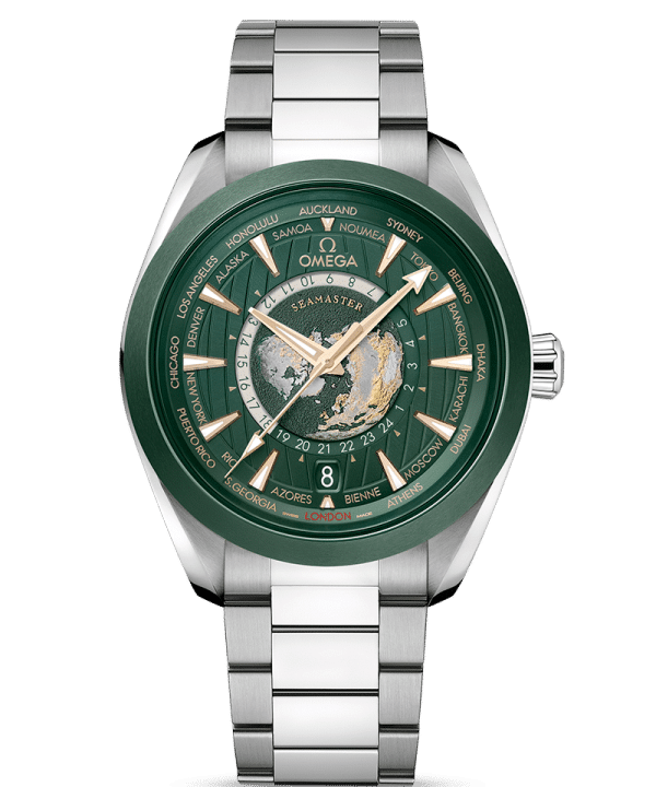 Produktbilde av Omega Seamaster Aqua Terra 150M Co-Axial Master Chronometer GMT Worldtimer 43MM med grønn urskive og stållenke. Ref. O22030432210001.