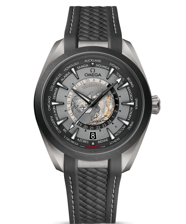 Produktbilde av Omega Seamaster Aqua Terra 150M Co-Axial Master Chronometer GMT Worldtimer 43MM med grå urskive og grå gummirem. Ref. O22092432299001.