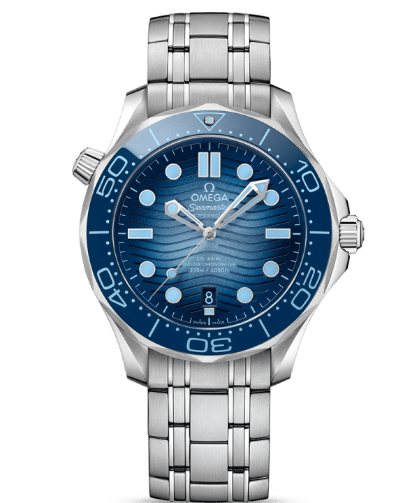 Produktbilde av Omega Seamaster Diver 300M «Summer Blue» Co-Axial Master Chronometer 42MM med blå urskive og stållenke. Ref. O21030422003003.