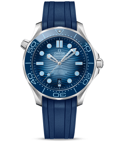 Produktbilde av Omega Seamaster Diver 300M «Summer Blue» Co-Axial Master Chronometer 42MM med blå urskive og blå gummirem. Ref. O21032422003.002