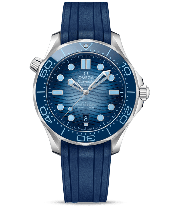 Produktbilde av Omega Seamaster Diver 300M «Summer Blue» Co-Axial Master Chronometer 42MM med blå urskive og blå gummirem. Ref. O21032422003.002