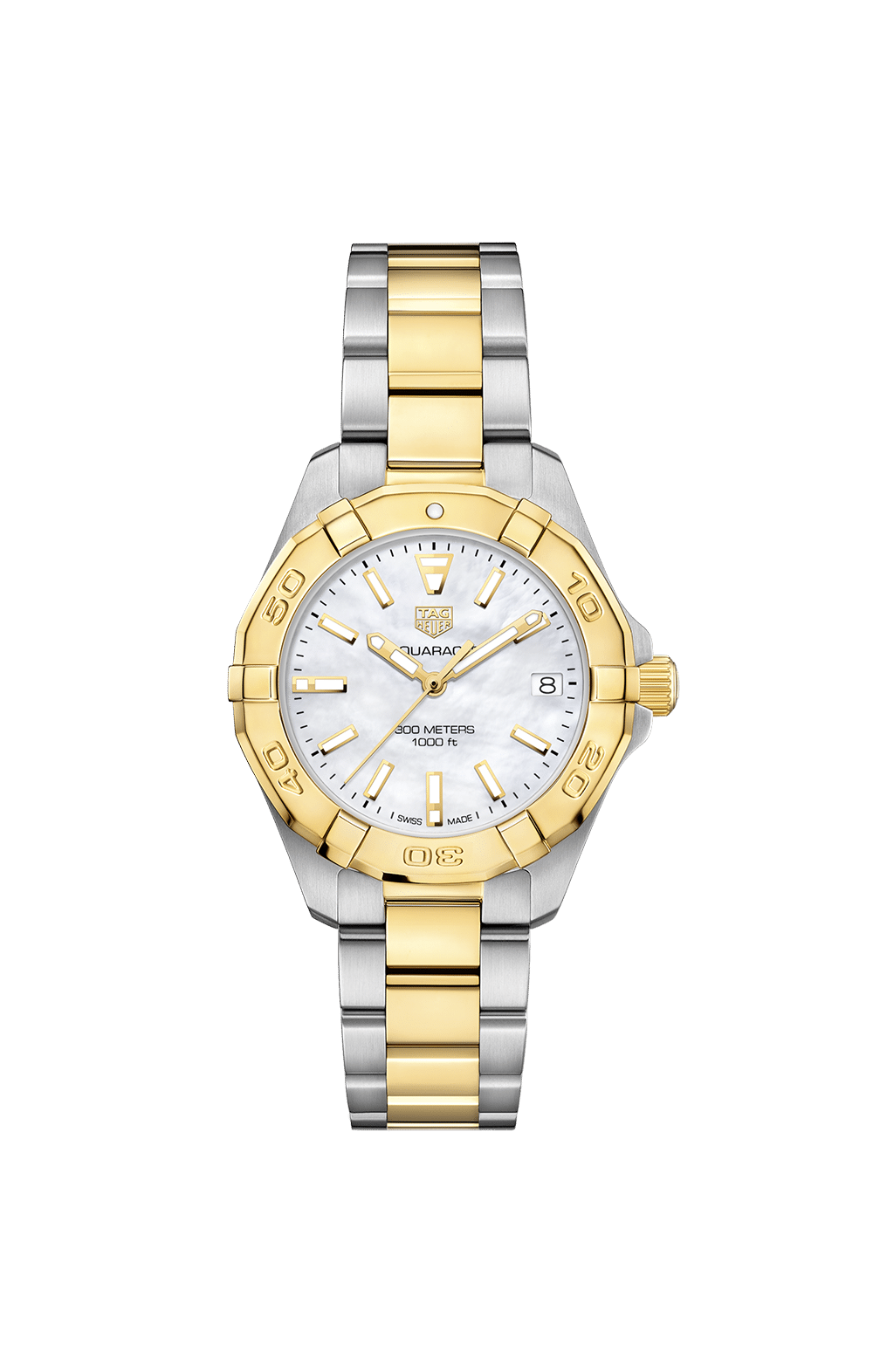 Produktbilde av TAG Heuer Aquaracer 300 med hvit urskive på stållenke. Ref. WBD1320.BB0320.